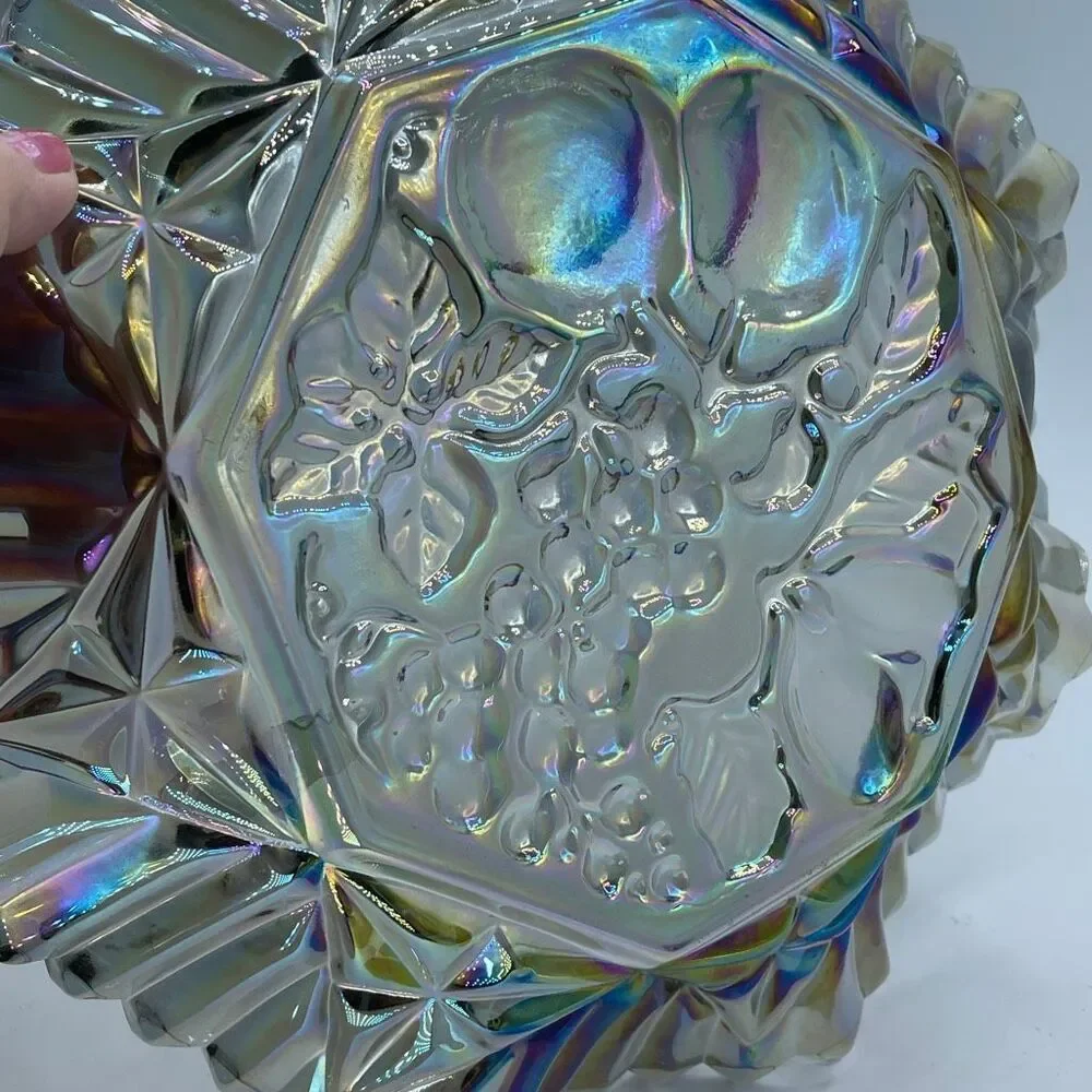 Vintage Federal Glass Pioneer Smoke Iridescent Carnival glass ruffled bowl.